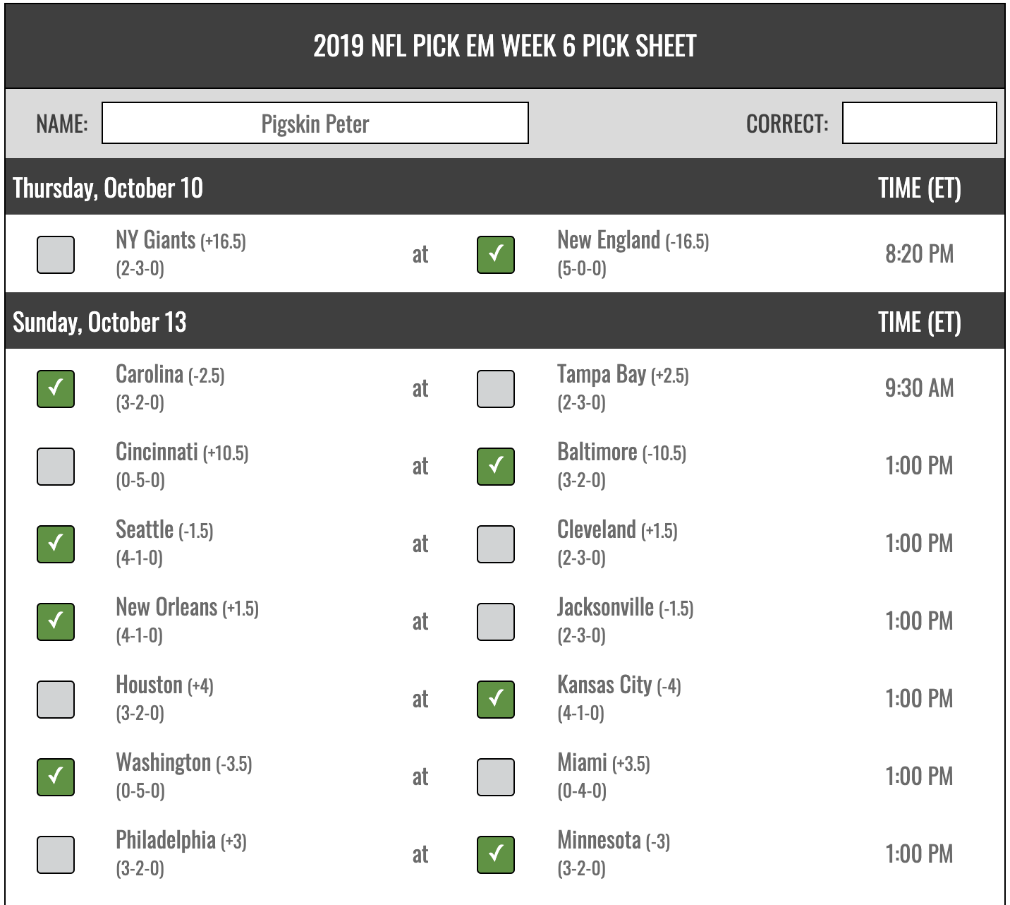 Printable Week 6 NFL Schedule Pick em Sheets  Fantasy football names, Nfl,  Football team names