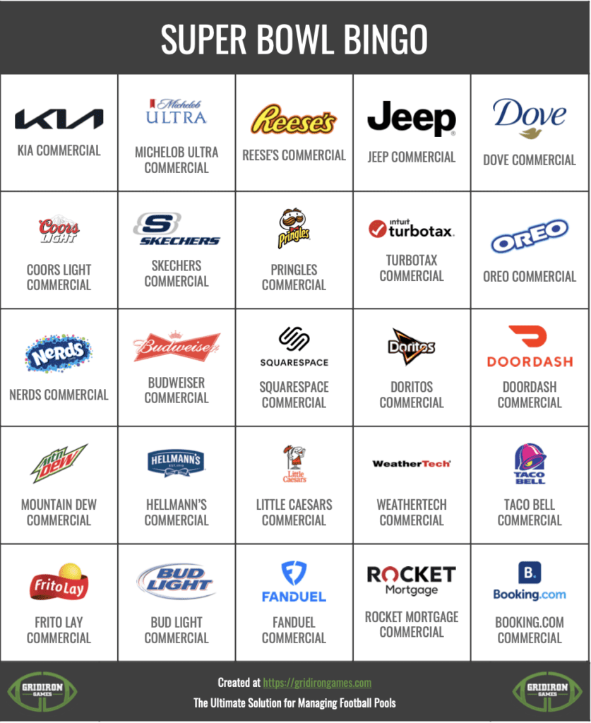 Super Bowl Commercial Bingo 2025 Free Printable Cards