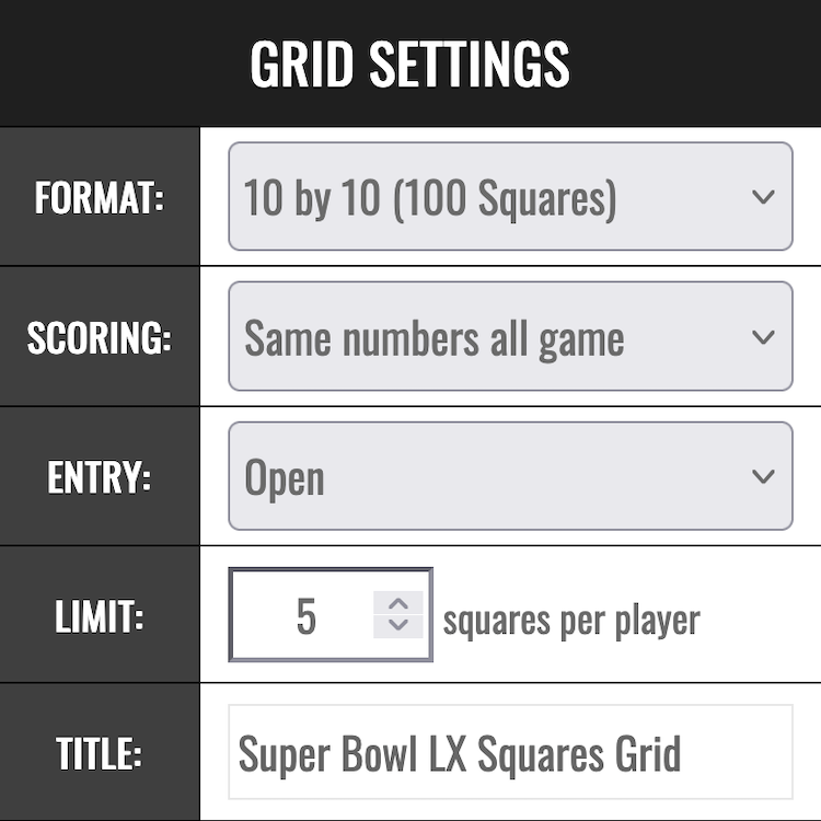 NFL Football Grid Game Settings